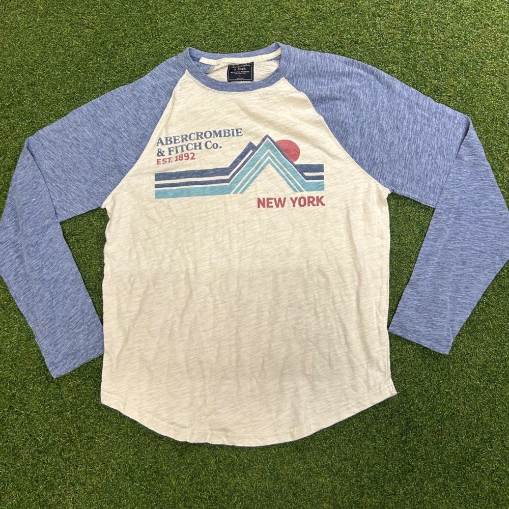 Abercrombie & Fitch Mens Raglan Baseball Tee New York Graphic Blue Cream Large